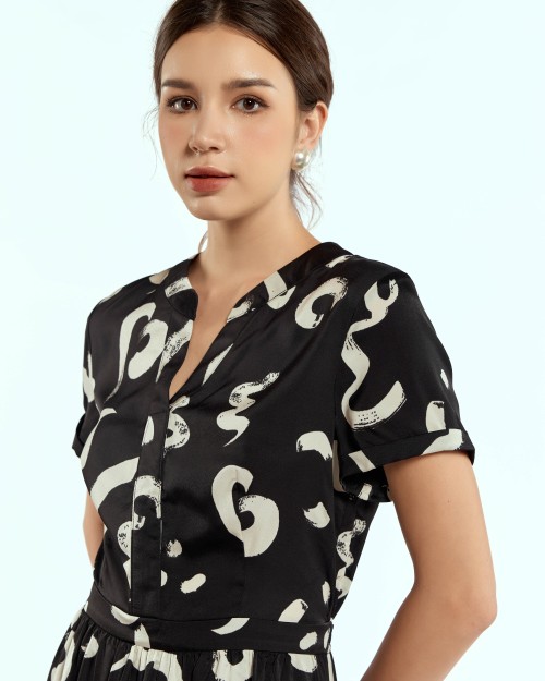 SIXDO G-Black Silk Flared Dress for Women